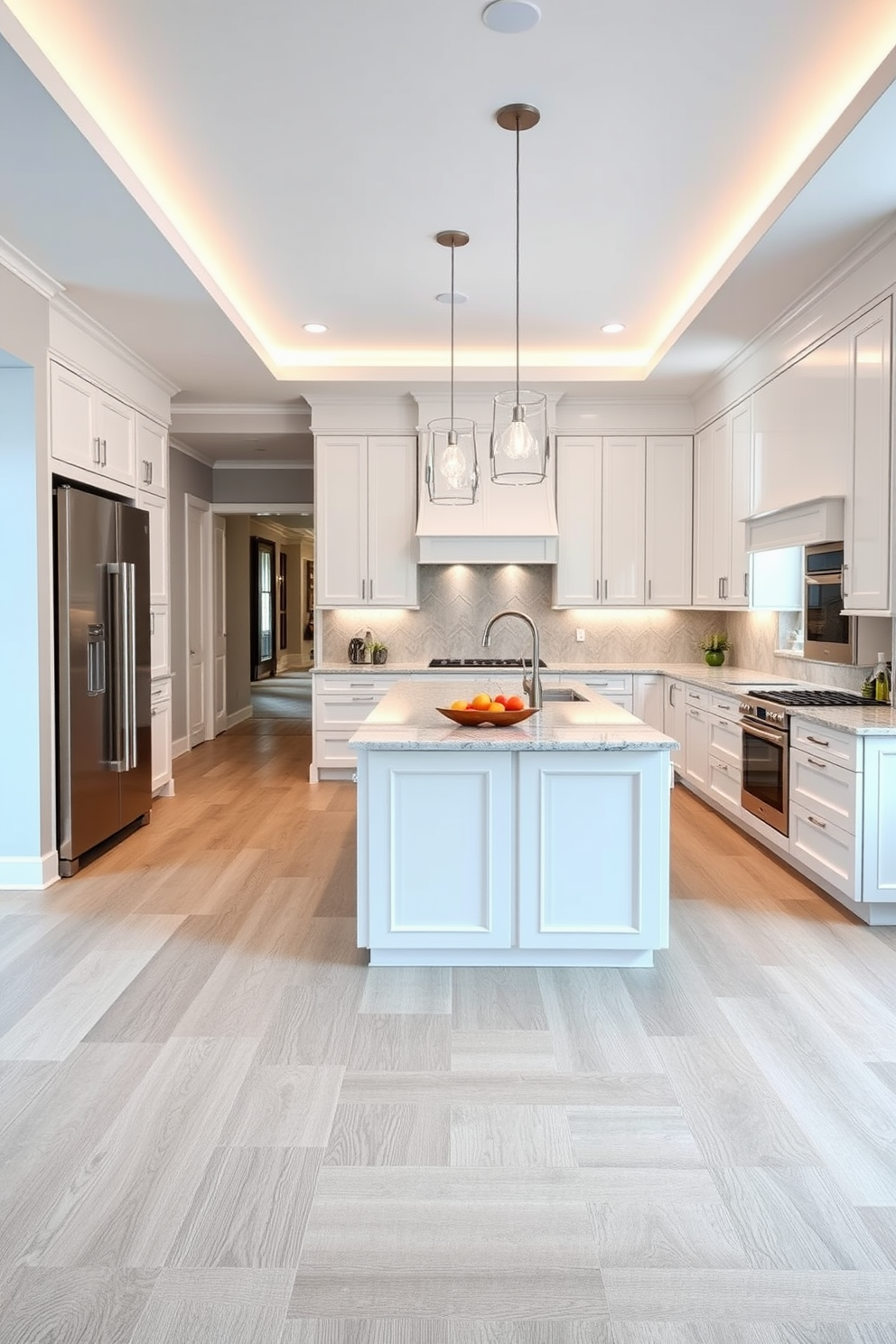 A luxurious kitchen space featuring high-end luxury vinyl flooring that mimics the look of natural wood. The flooring is complemented by sleek white cabinetry and a large central island with a polished quartz countertop. The kitchen is illuminated by elegant pendant lights hanging above the island. A stylish backsplash in a soft gray tone adds sophistication and ties the design together beautifully.