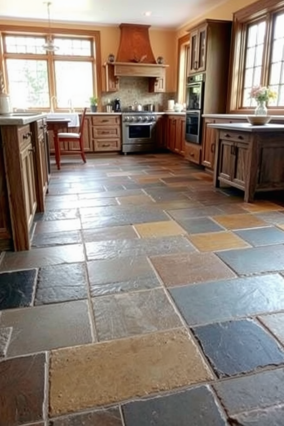 A cozy kitchen setting featuring rustic slate flooring that enhances the earthy vibe of the space. The slate tiles are arranged in a staggered pattern, complemented by wooden cabinetry and warm, natural light streaming through large windows.