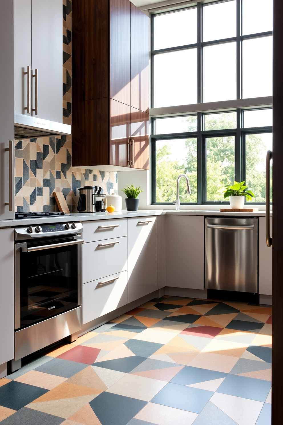 A sleek kitchen design featuring a glossy white subway tile backsplash that reflects light beautifully. The cabinetry is a soft gray, complementing the bright tiles and creating a clean, modern aesthetic. The flooring consists of large format tiles in a warm beige tone, adding warmth and texture to the space. This combination of materials creates a harmonious and inviting atmosphere in the kitchen.