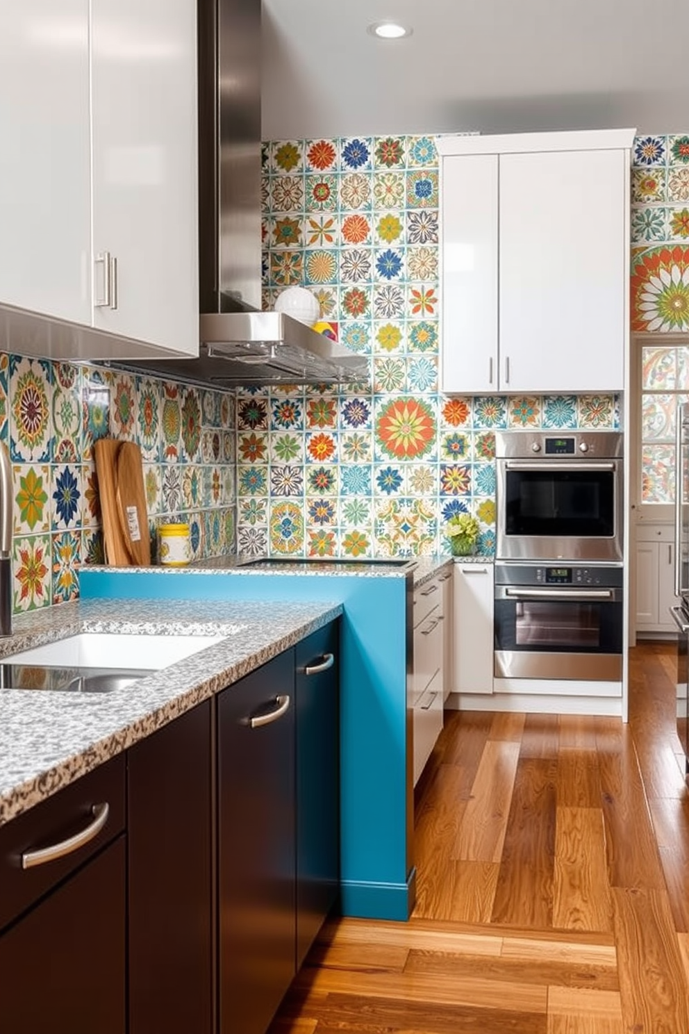 A bright and inviting kitchen featuring Mediterranean tiles that showcase vibrant colors. The floor is adorned with intricate patterns that blend shades of blue, yellow, and terracotta, creating a warm and welcoming atmosphere. Natural light floods the space through large windows, highlighting the beautiful tile work. Complementing the flooring, a rustic wooden island stands at the center, topped with a sleek white countertop.