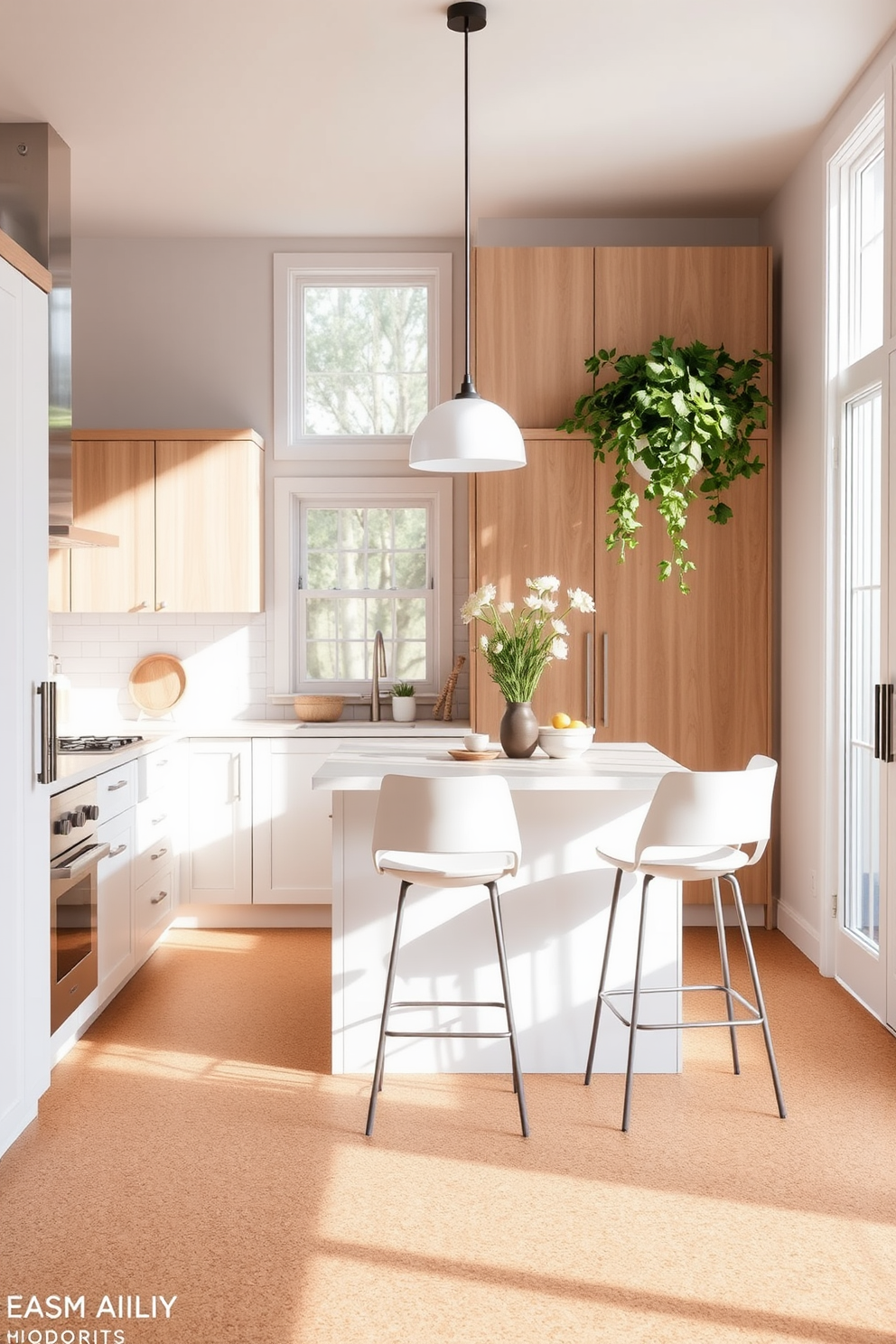 A cozy kitchen featuring soft cork flooring that provides comfort underfoot. The space is illuminated by natural light streaming through large windows, enhancing the warm tones of the cork. The cabinetry is a blend of light wood and white accents, creating a bright and airy atmosphere. A central island with bar stools invites casual dining and socializing, making it the heart of the kitchen.