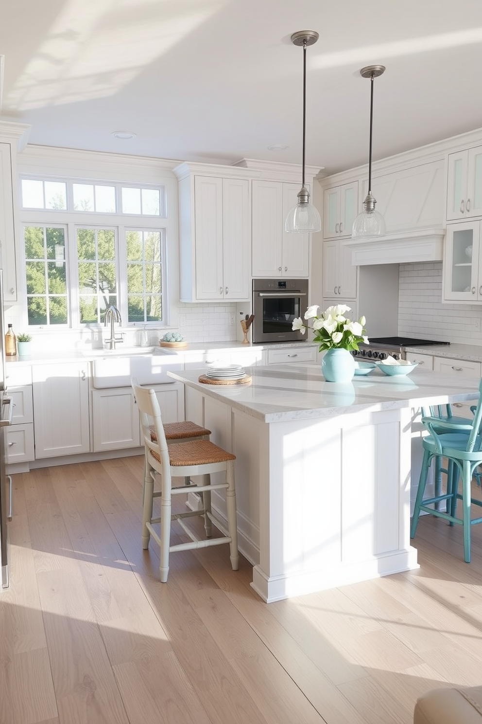 A bright and airy kitchen featuring whitewashed wood cabinetry that evokes a beachy atmosphere. The flooring is a light-colored, weathered wood that complements the coastal theme while providing a warm and inviting space. Large windows allow natural light to flood the room, highlighting the soft blue accents in the decor. A spacious island with bar seating serves as the focal point, perfect for casual dining and entertaining.