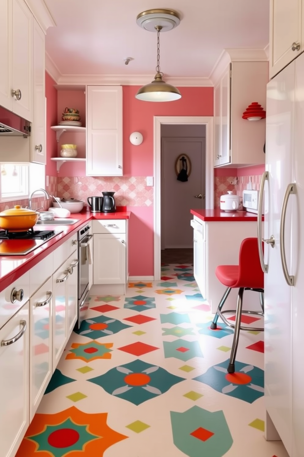 A vibrant retro kitchen featuring patterned linoleum flooring that adds a playful touch to the space. The linoleum showcases bold geometric shapes in bright colors, complementing white cabinetry and vintage appliances.