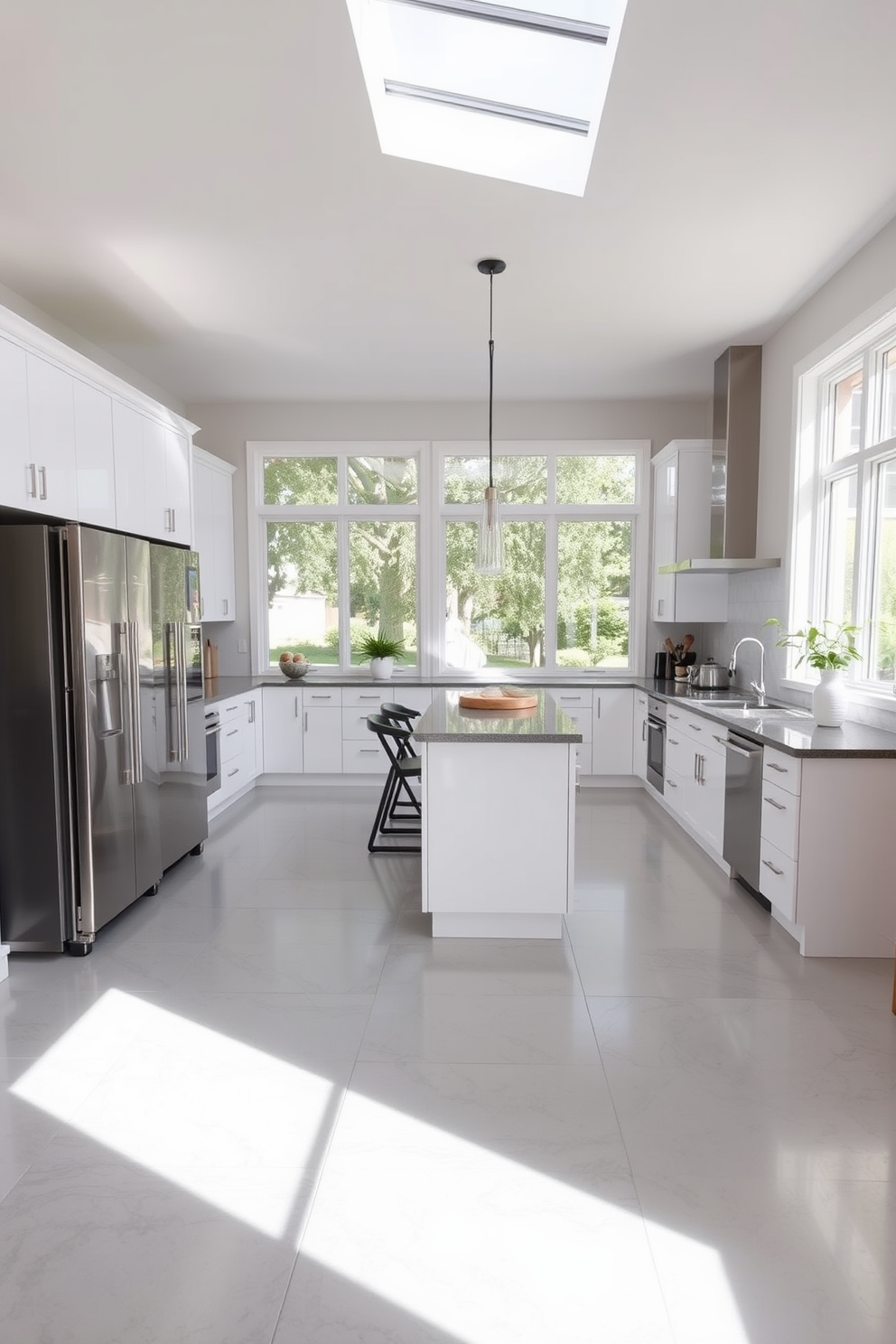 A modern kitchen featuring large format tiles that create a seamless and spacious look. The tiles are in a soft gray tone, complementing the sleek white cabinetry and stainless steel appliances. Natural light floods the room through large windows, enhancing the open feel of the space. A central island with bar seating is surrounded by the large tiles, providing a perfect gathering spot for family and friends.