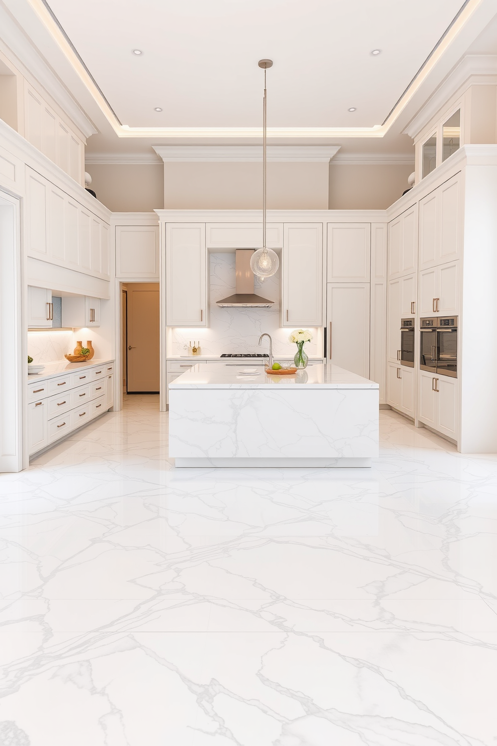 A stunning kitchen space featuring elegant marble tiles that create a luxurious finish. The flooring showcases a seamless blend of white and gray veining, enhancing the overall sophistication of the design. Bright and airy, the kitchen is complemented by sleek cabinetry in a soft pastel hue. A large island with bar seating invites gatherings and culinary creativity, making it the heart of the home.