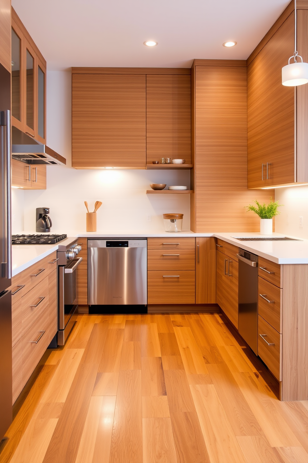 A sleek kitchen featuring bamboo laminate flooring that combines style with affordability. The warm tones of the bamboo create a welcoming atmosphere, complementing modern cabinetry and stainless steel appliances.