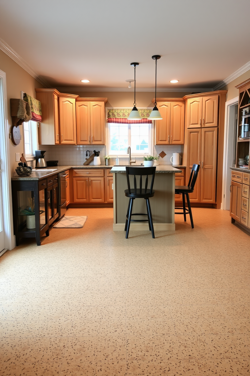 A cozy kitchen setting featuring natural cork flooring that adds warmth and insulation. The design incorporates light wood cabinetry and an island with bar seating, creating an inviting atmosphere.