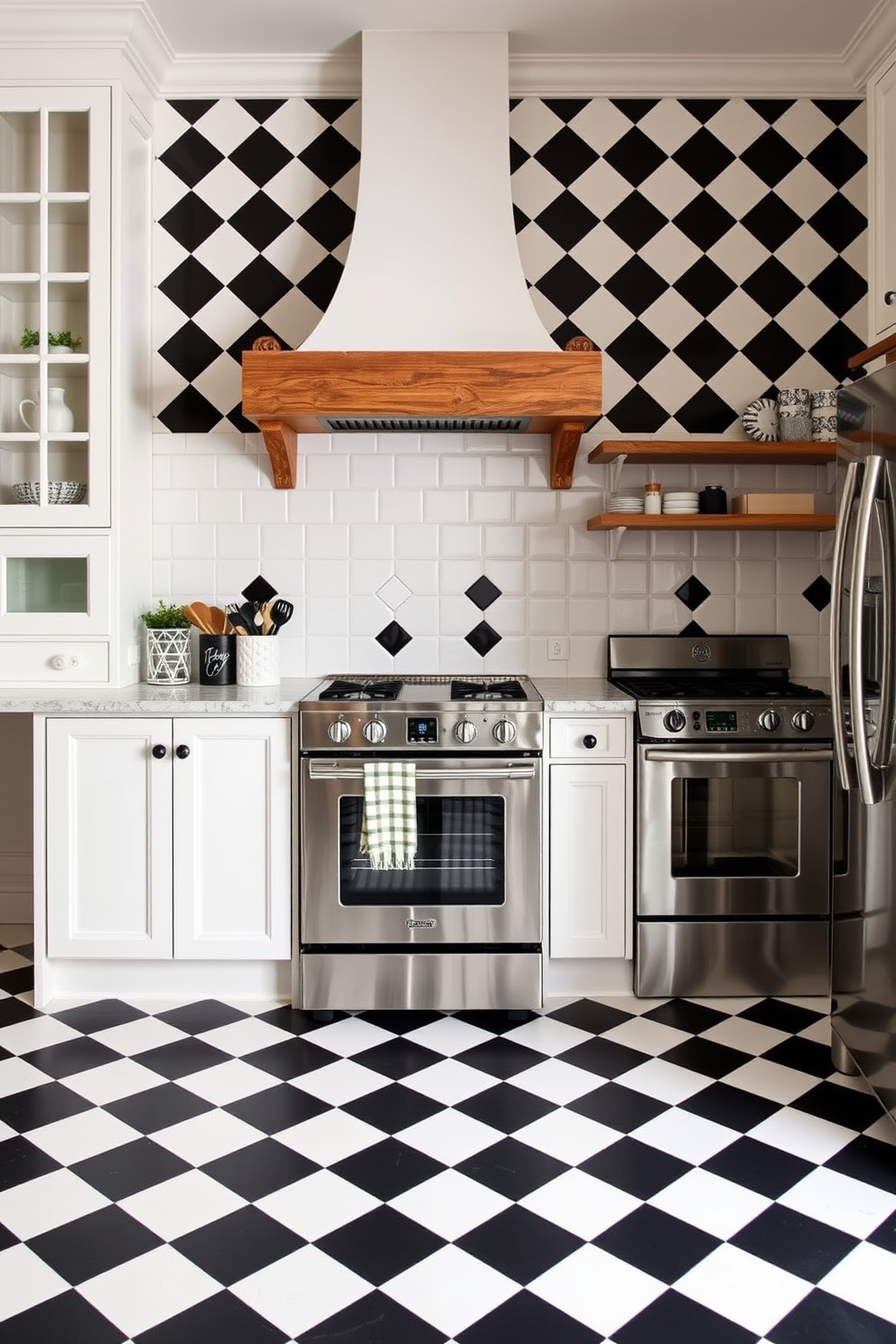 A stylish kitchen featuring chevron patterned hardwood flooring adds an element of elegance to the space. The warm tones of the wood create a welcoming atmosphere while complementing modern cabinetry and stainless steel appliances.