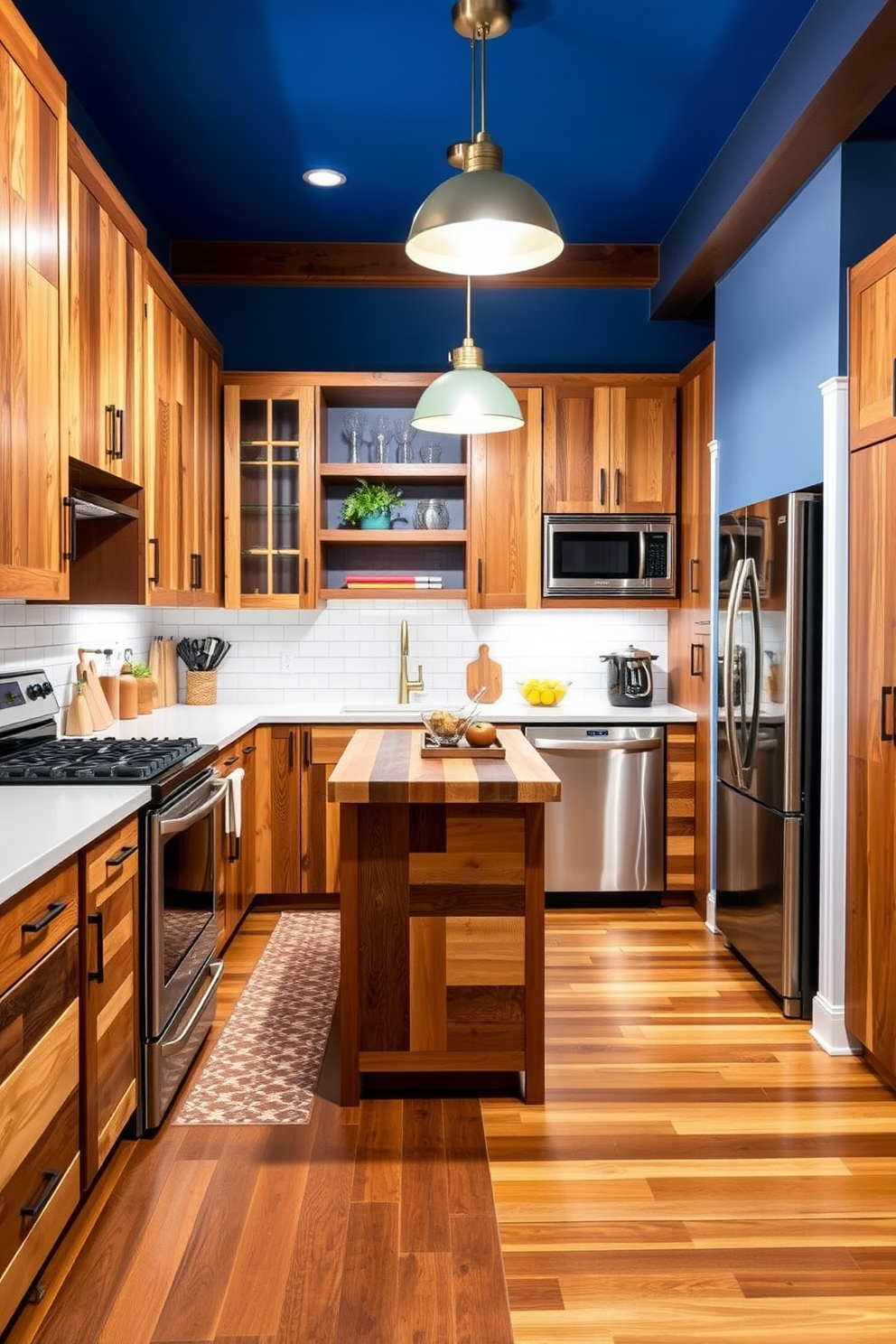 A vibrant kitchen space featuring a mix of materials such as reclaimed wood cabinets and sleek stainless steel appliances. The countertops are a combination of butcher block and quartz, creating a warm yet modern feel. The flooring showcases a unique blend of patterned tiles and hardwood, adding depth and character to the design. Bright pendant lights hang above the island, illuminating the space and enhancing the eclectic atmosphere.