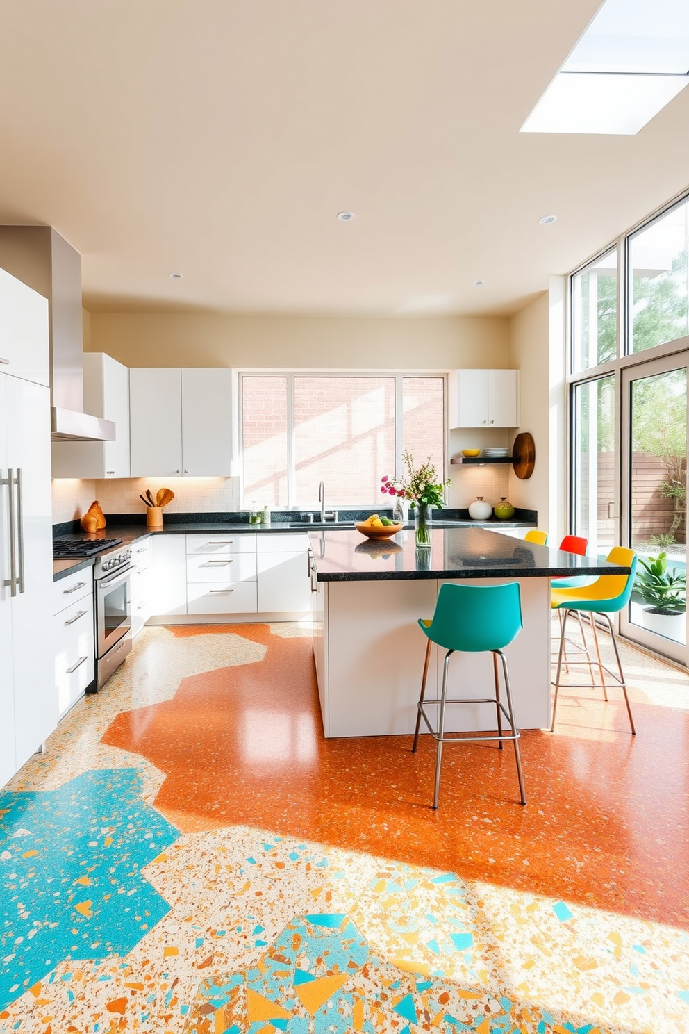 A warm and inviting kitchen featuring textured limestone flooring that creates a natural and earthy ambiance. The flooring complements wooden cabinetry and a spacious island topped with a sleek quartz countertop. Large windows allow natural light to flood the space, highlighting the rich tones of the limestone. A stylish backsplash in soft neutral shades enhances the overall design while adding a touch of elegance.