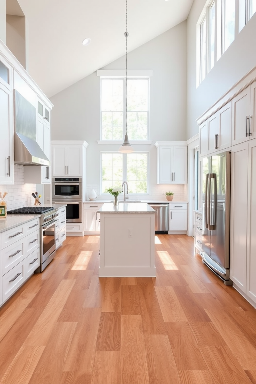 A modern kitchen featuring vinyl planks as the flooring choice. The planks are a warm oak finish that complements the white cabinetry and sleek stainless steel appliances. The open layout allows for a spacious feel, with an island in the center topped with quartz. Natural light floods the space through large windows, highlighting the durability and style of the vinyl flooring.