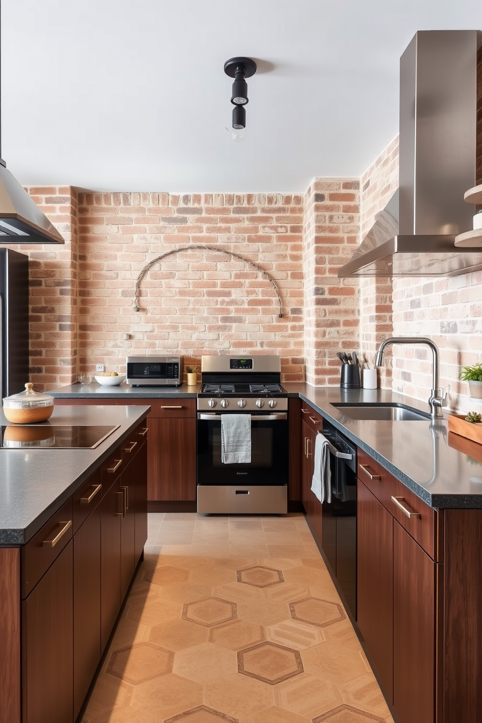 A modern industrial kitchen featuring cement tiles as the flooring. The space is enhanced by exposed brick walls and stainless steel appliances, creating a sleek and functional environment.