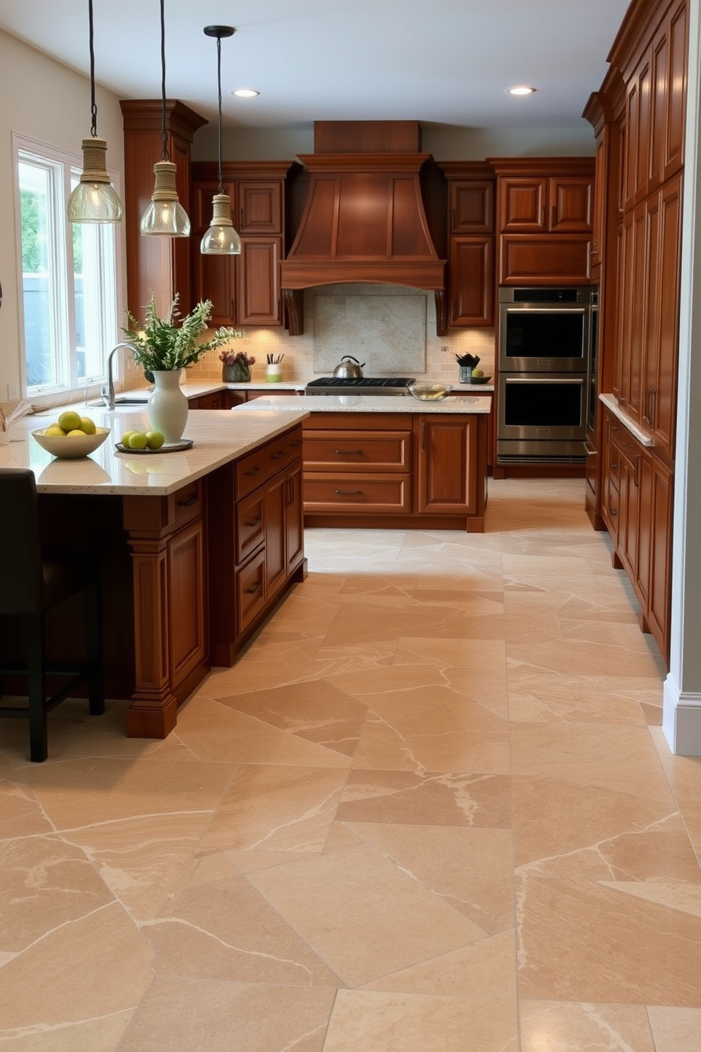 A stylish kitchen featuring natural stone flooring with a polished finish that enhances the elegance of the space. The design includes a seamless flow between the kitchen island and the main cooking area, complemented by warm wooden cabinetry.