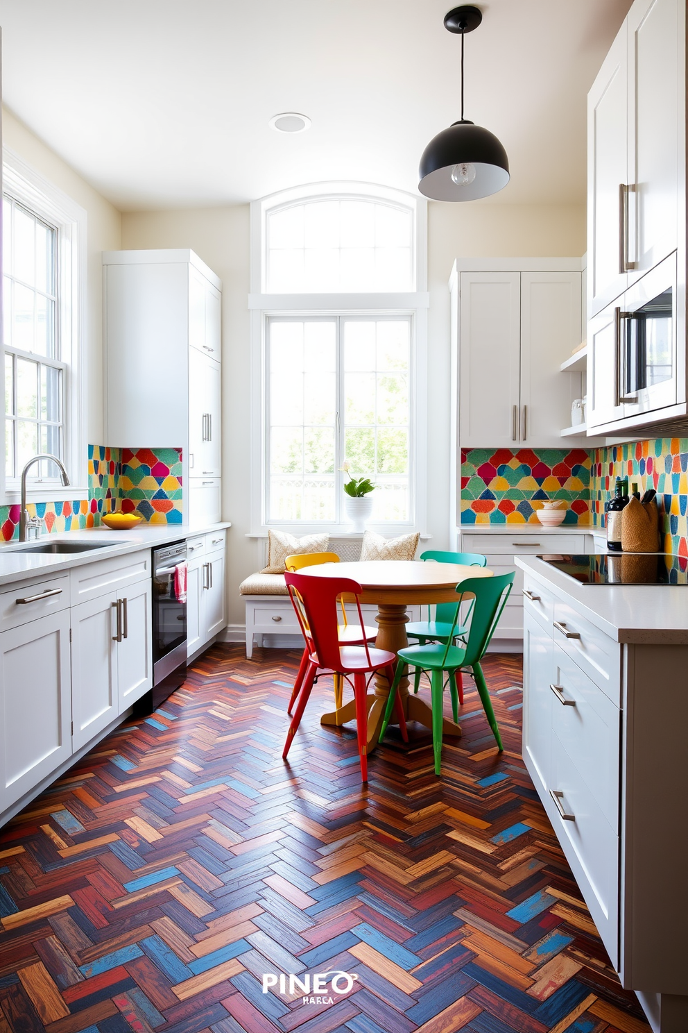 A modern kitchen featuring peel and stick tiles in a vibrant geometric pattern that adds a pop of color to the space. The tiles are laid in a herringbone design, complementing sleek white cabinetry and stainless steel appliances. Natural light floods the room through large windows, highlighting the rich textures of the flooring. A cozy breakfast nook with a round wooden table and colorful chairs sits adjacent to the kitchen, creating an inviting atmosphere for meals.