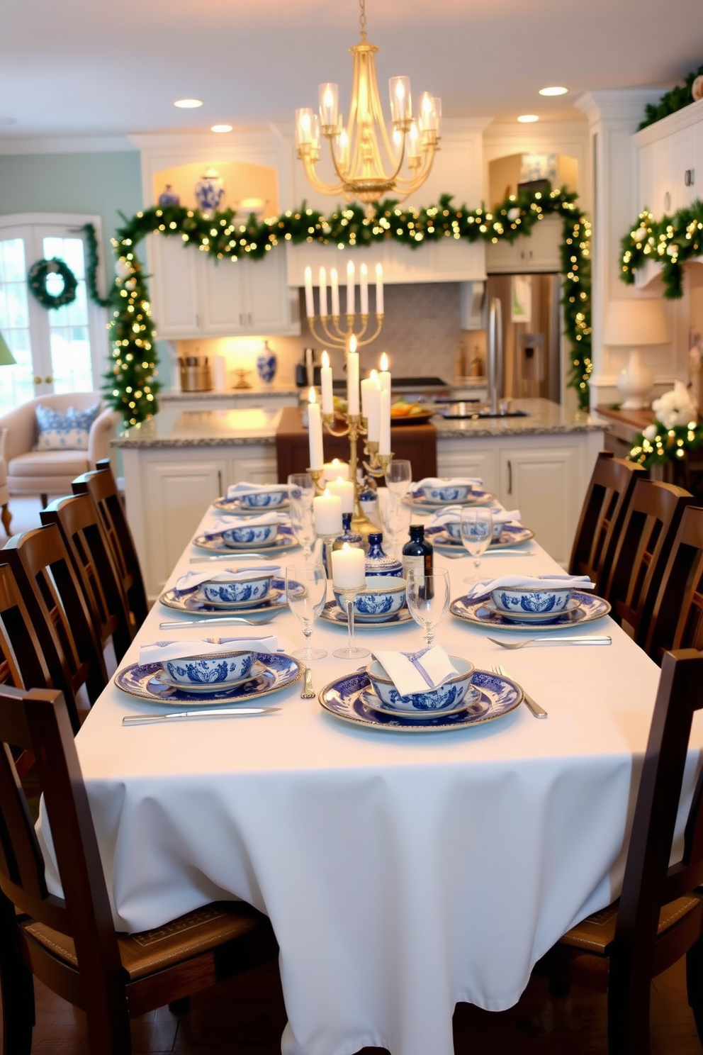 A festive blue and white tableware display is set on a long dining table adorned with a crisp white tablecloth. The table features elegant ceramic dishes with intricate blue patterns, complemented by matching napkins and glassware that reflect the warm glow of candlelight. In the background, a beautifully decorated kitchen showcases Hanukkah-themed accents, including a menorah and festive garlands. The overall atmosphere is inviting and celebratory, perfect for gathering family and friends during the holiday season.