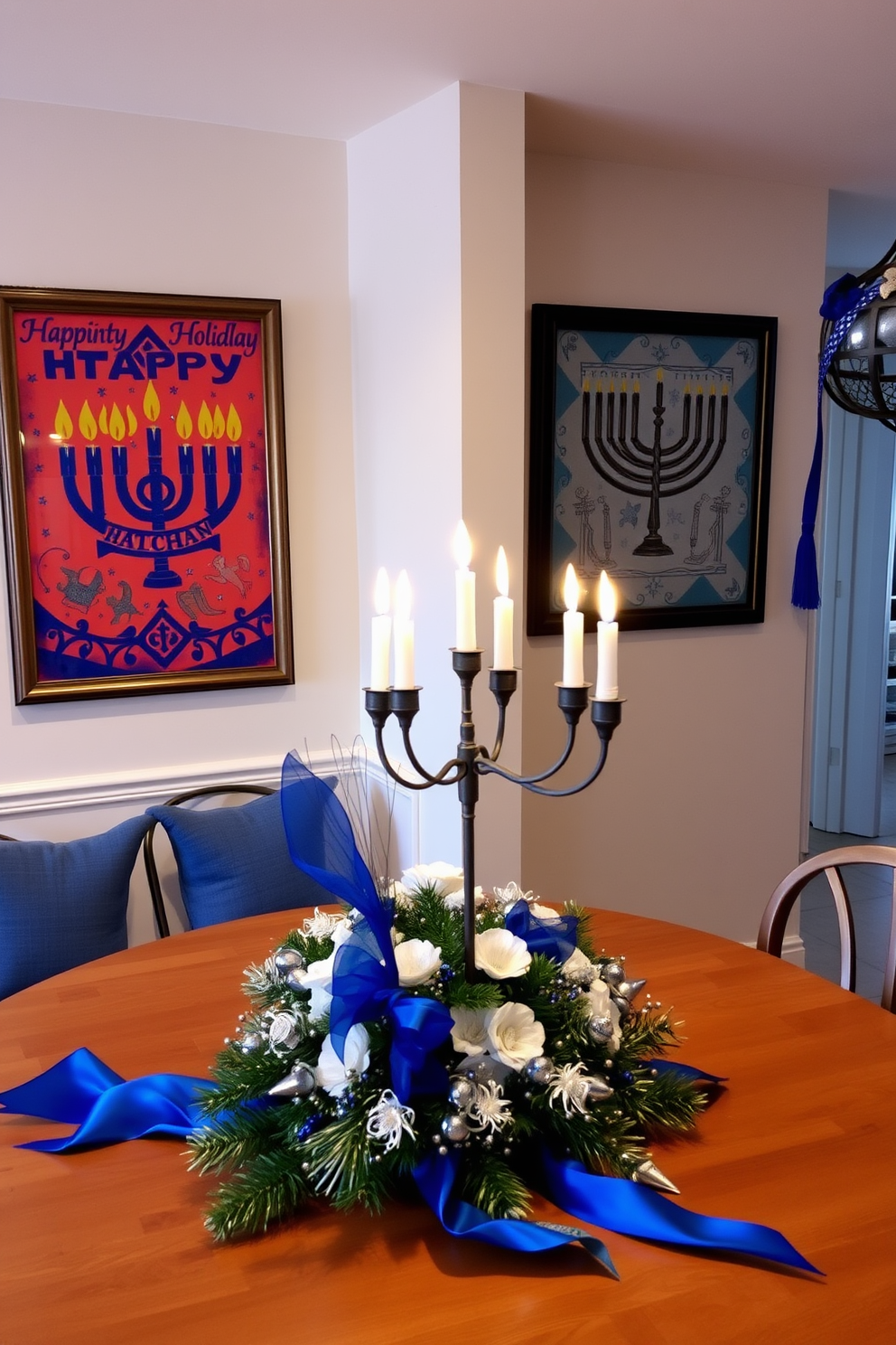 A chalkboard is painted with festive Hanukkah greetings in vibrant colors. Surrounding the chalkboard, the kitchen is adorned with blue and silver decorations, including menorahs and dreidels.