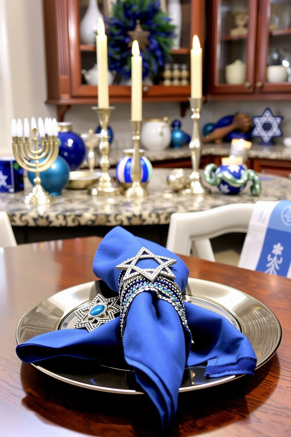 Festive napkin rings for table settings. These napkin rings are adorned with intricate designs and vibrant colors, perfect for adding a touch of elegance to your holiday table. Kitchen Hanukkah decorating ideas. The kitchen is filled with blue and silver accents, featuring decorative menorahs and star of David motifs, creating a warm and inviting atmosphere for family gatherings.