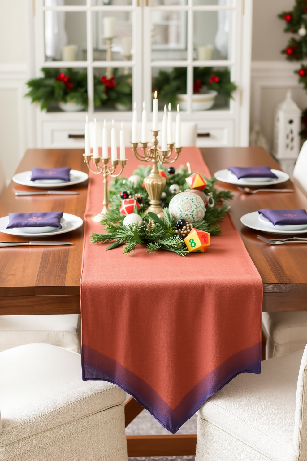 A beautifully set dining table adorned with layered table runners in festive colors. The runners drape elegantly over a polished wooden table, creating a warm and inviting atmosphere for the Hanukkah celebration. Delicate menorahs and vibrant dreidels are artfully arranged on the table, adding a touch of tradition. Fresh greenery and seasonal decorations complement the festive color palette, enhancing the overall holiday spirit.