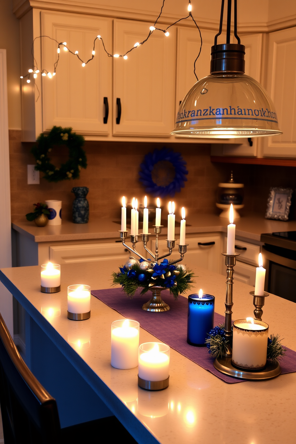 A festive dining table adorned with themed placemats featuring traditional Hanukkah symbols. The table is set with elegant dinnerware, silver candlesticks, and a beautiful centerpiece of blue and white flowers. The kitchen is decorated with cheerful Hanukkah accents, including a menorah on the countertop and blue and white dish towels hanging from the oven. String lights illuminate the space, creating a warm and inviting atmosphere for holiday gatherings.