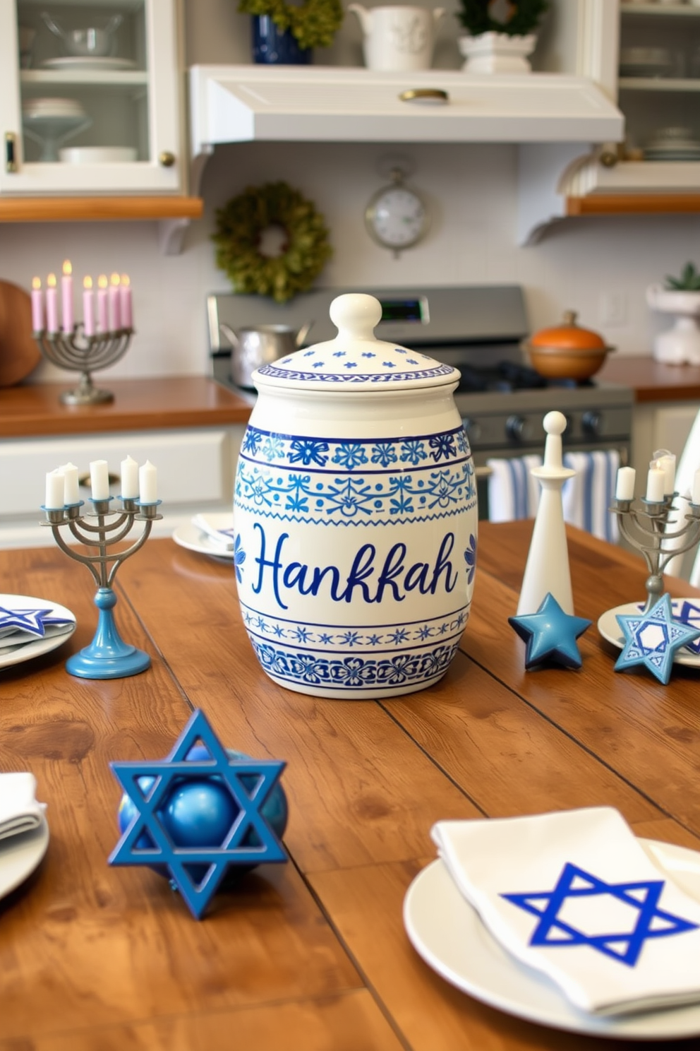 A charming kitchen setting for Hanukkah featuring a beautifully designed cookie jar as the centerpiece on a rustic wooden table. The jar is adorned with traditional blue and white patterns, surrounded by festive decorations like menorahs and star of David ornaments.