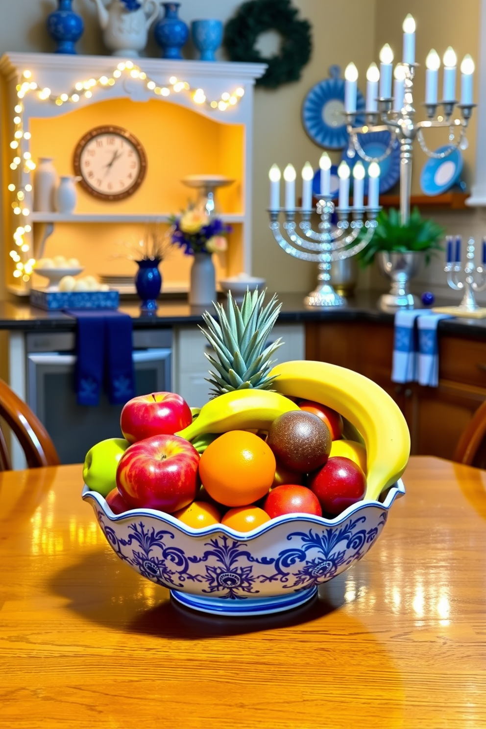 A vibrant seasonal fruit bowl filled with an array of colorful fruits such as apples, oranges, and bananas sits on a wooden kitchen table. The bowl is accented with delicate blue ceramic details that add a pop of color to the warm tones of the kitchen. The kitchen is adorned with tasteful Hanukkah decorations, featuring elegant blue and silver accents throughout the space. Twinkling lights and a beautifully arranged menorah create a warm and inviting atmosphere for festive gatherings.