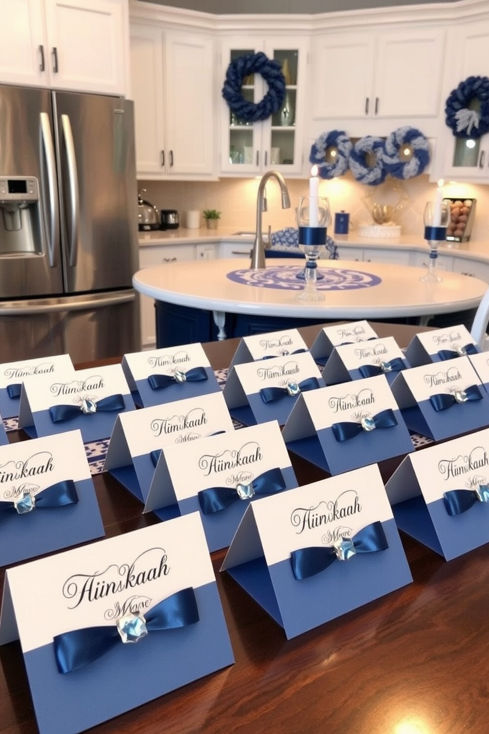 A cozy kitchen seating area features a rustic wooden table surrounded by comfortable chairs adorned with colorful decorative pillows. The space is enhanced with festive Hanukkah decorations, including a beautifully arranged menorah and blue and silver accents throughout.