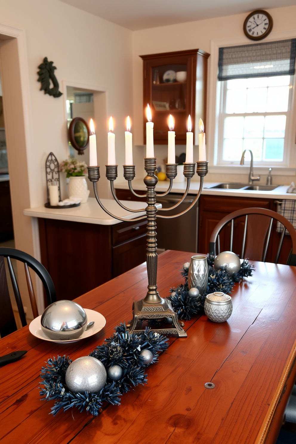 A vintage menorah is displayed prominently on a rustic wooden table in the kitchen. The table is adorned with festive blue and silver decorations, creating a warm and inviting atmosphere for Hanukkah celebrations.