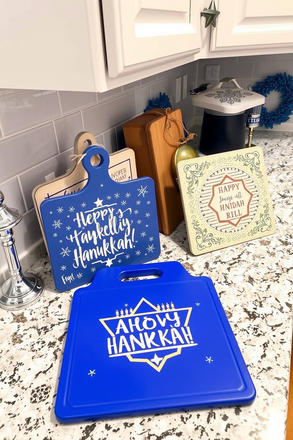 A contemporary kitchen adorned with Hanukkah-themed magnets on the refrigerator. The fridge is a sleek stainless steel model, decorated with colorful magnets depicting menorahs and dreidels, adding a festive touch to the space. The countertops are a bright white quartz, complemented by navy blue cabinets that evoke the colors of Hanukkah. A cozy dining nook is set nearby, featuring a table with a blue and white tablecloth, ready for holiday gatherings.