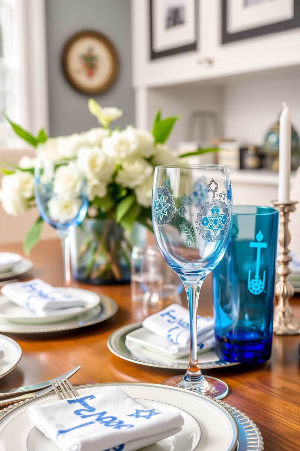 A festive kitchen adorned with colorful glass jars filled with an assortment of candies. The jars are arranged on a wooden shelf, complemented by elegant Hanukkah decorations such as blue and silver garlands draped around the countertop.