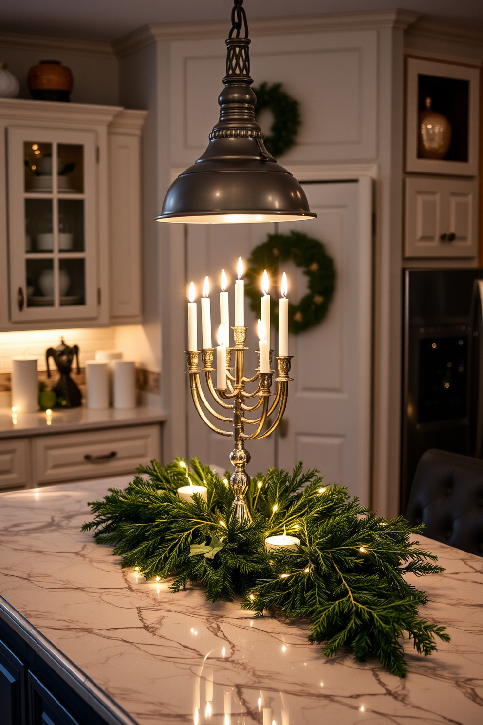 A stunning kitchen adorned for Hanukkah featuring a beautiful menorah centerpiece surrounded by fresh greenery. The countertops are decorated with festive accents and twinkling lights, creating a warm and inviting atmosphere.