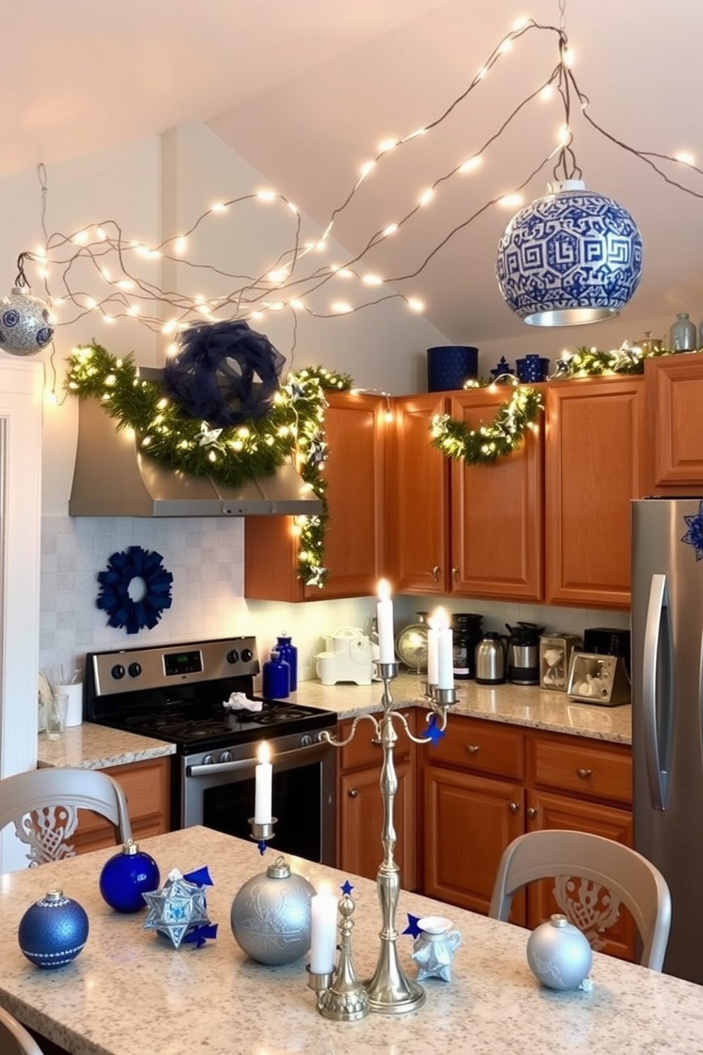 A cozy kitchen adorned for Hanukkah features creative lighting with warm string lights draped elegantly across the ceiling. The festive ambiance is enhanced by blue and silver decorations, including menorahs and star ornaments, creating a welcoming space for family gatherings.