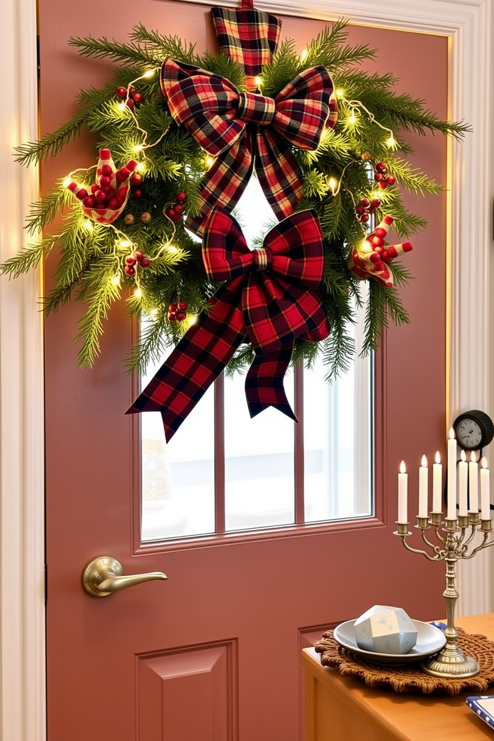 A seasonal wreath made of evergreen branches, adorned with red berries and a large plaid bow, hangs on the kitchen door. The warm glow of string lights illuminates the entrance, inviting guests into a festive atmosphere. For Hanukkah decorating ideas, a beautiful blue and silver color scheme is used throughout the kitchen. Menorahs are placed on the countertops, alongside decorative dreidels and themed tableware that celebrate the holiday spirit.