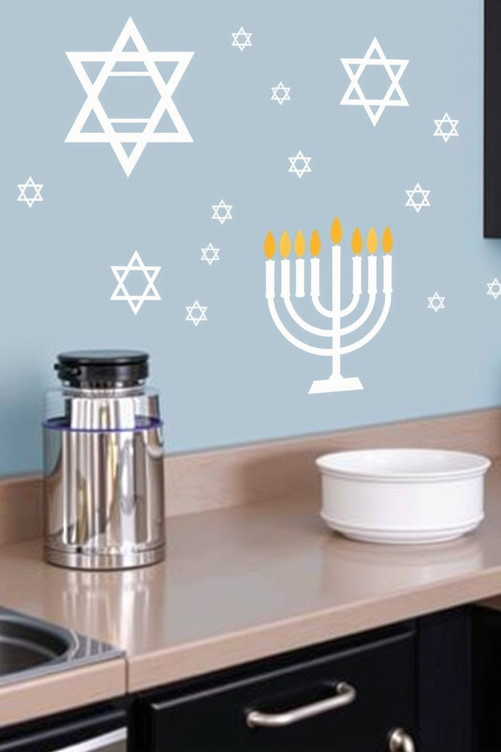 A warm and inviting kitchen adorned for Hanukkah celebrations. A colorful festive banner hangs gracefully across the kitchen entry, featuring traditional symbols and vibrant colors that enhance the holiday spirit.