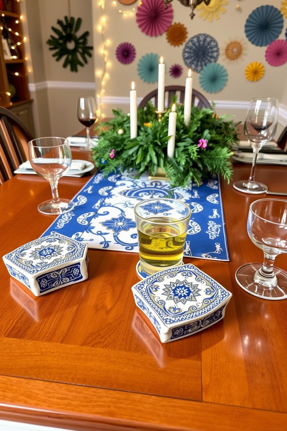 Dreidel-shaped coasters for drinks made from ceramic with intricate blue and gold designs. They are placed on a wooden dining table adorned with festive decorations and surrounded by elegant glassware. Kitchen Hanukkah decorating ideas include a vibrant table runner featuring traditional symbols and a centerpiece of fresh greenery with candles. The walls are adorned with string lights and colorful paper decorations to create a warm and inviting atmosphere.