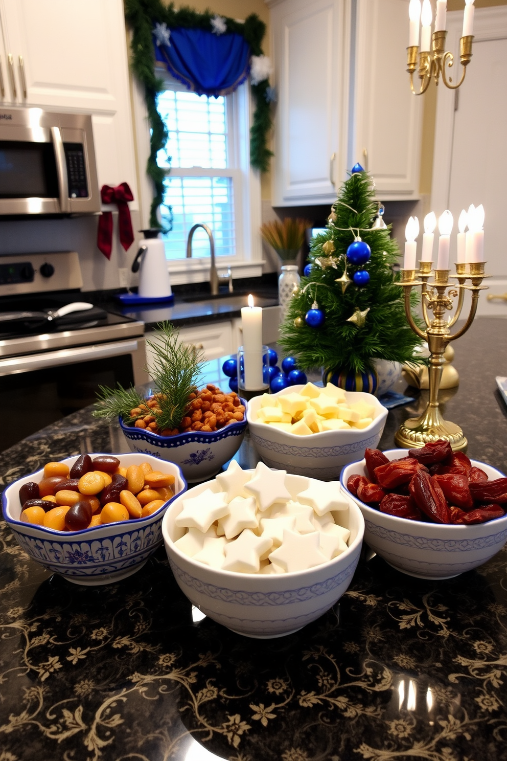 A festive kitchen setting adorned for Hanukkah. The countertop is lined with an assortment of decorative bowls filled with holiday snacks, including gelt, sufganiyot, and dried fruits.