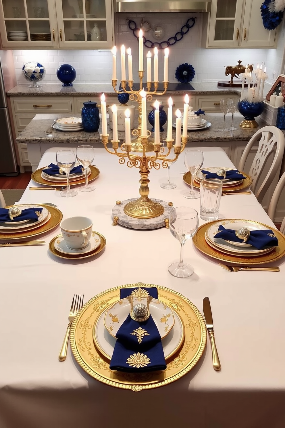 Elegant table settings with gold accents. The table is adorned with a crisp white tablecloth, and each place setting includes fine china with intricate gold detailing. Kitchen Hanukkah decorating ideas. The countertops are decorated with blue and silver accents, featuring a beautifully arranged menorah and festive candles.