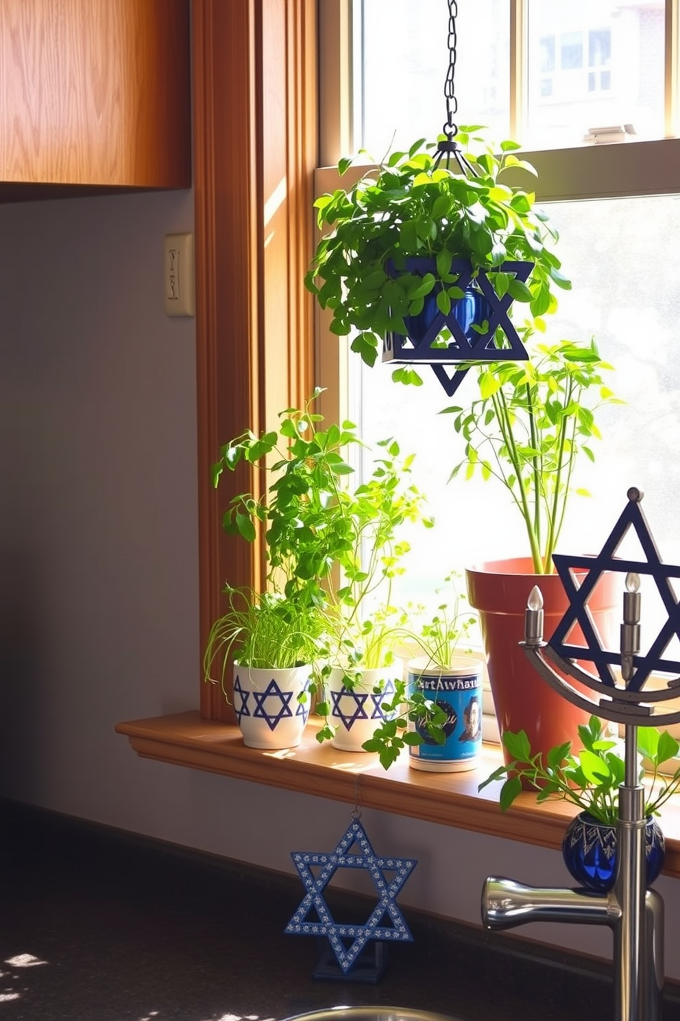 A warm and inviting kitchen setting adorned for Hanukkah celebrations. The table is covered with a festive blue and white tablecloth featuring Star of David patterns, surrounded by elegant dinnerware and sparkling menorahs. String lights are draped across the kitchen shelves, casting a soft glow. Freshly baked challah and a selection of traditional dishes are artfully arranged on the countertop, enhancing the holiday spirit.