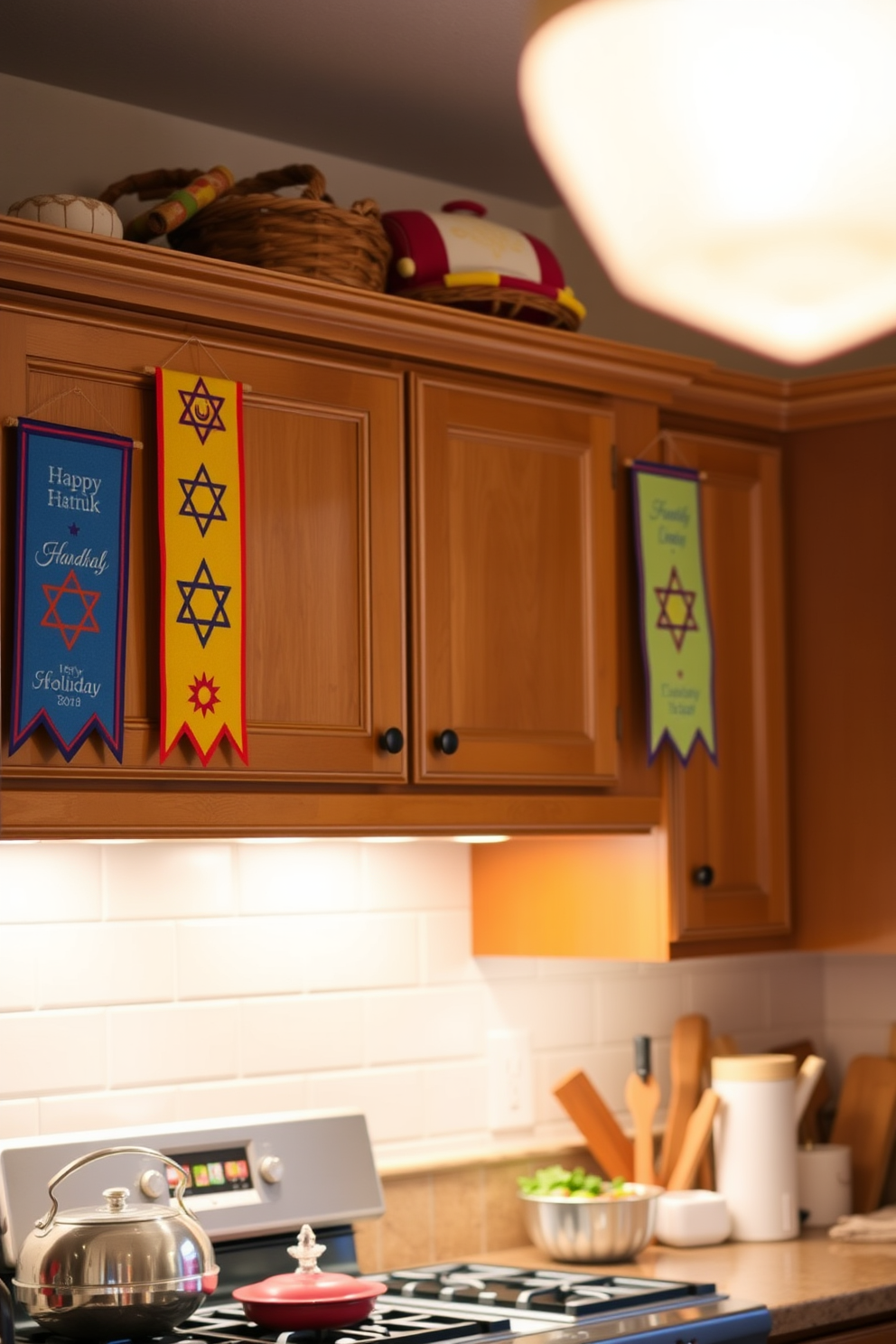 Colorful banners hang from the upper cabinets, adorned with festive symbols and vibrant hues that celebrate the spirit of Hanukkah. The kitchen is filled with warm lighting, creating a cheerful atmosphere perfect for family gatherings and holiday cooking.