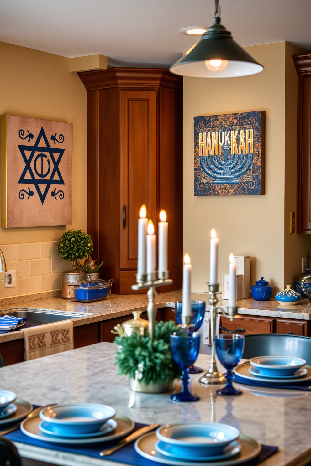 Create a cozy kitchen space decorated for Hanukkah. The walls feature custom Hanukkah-themed wall art that showcases vibrant colors and traditional symbols. Adorn the kitchen with festive accents like blue and silver tableware. Soft lighting highlights the decorations, creating a warm and inviting atmosphere for holiday gatherings.