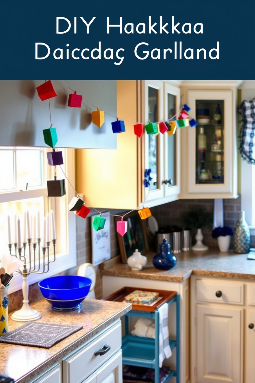 A charming kitchen adorned with a DIY dreidel garland draped along the wall. The garland features colorful paper dreidels in vibrant hues, adding a festive touch to the space. The kitchen is filled with traditional Hanukkah decorations, including a menorah on the countertop and blue and silver accents throughout. The warm lighting creates a cozy atmosphere, perfect for celebrating the holiday with family and friends.