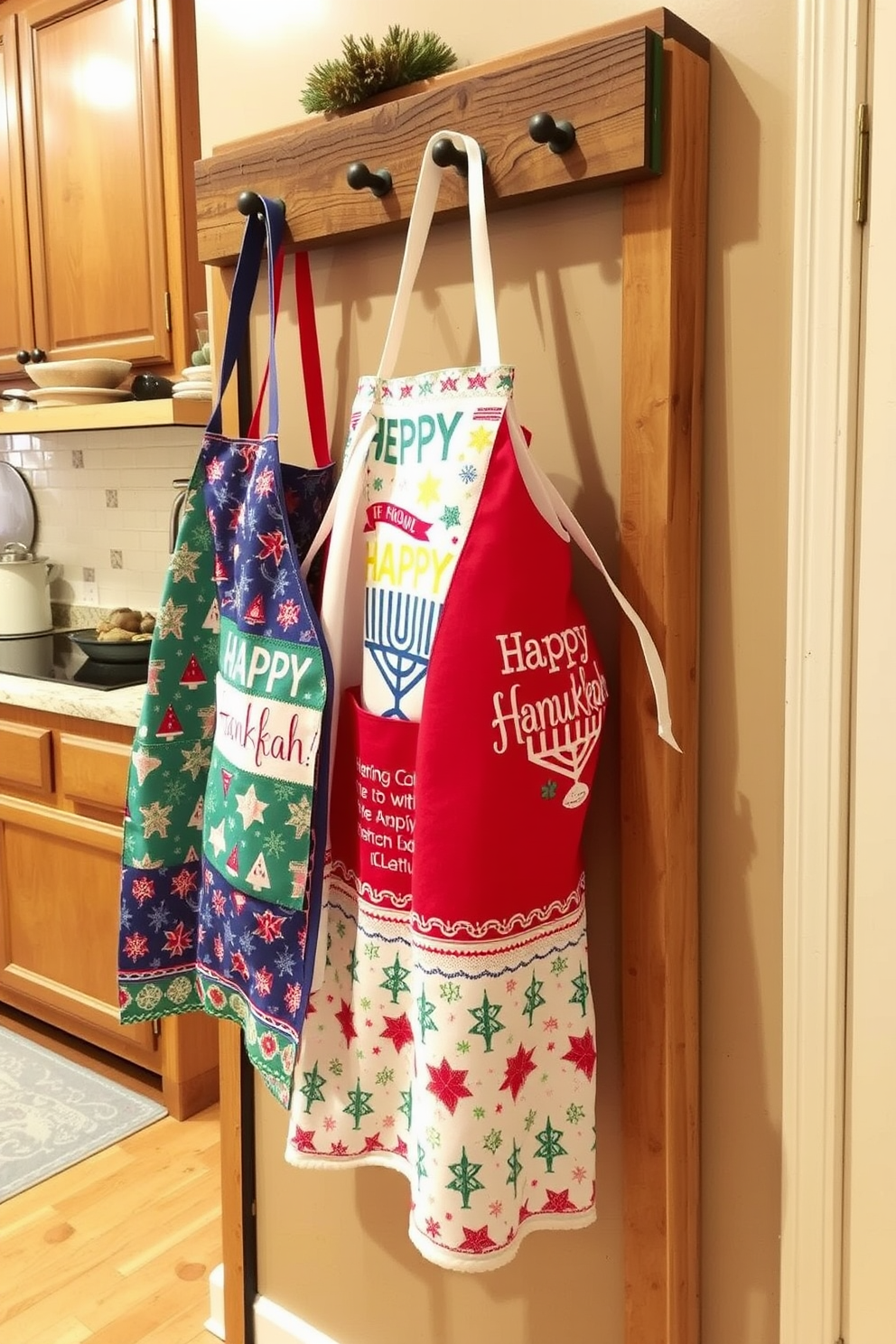 Charming holiday-themed aprons are displayed on a rustic wooden rack in a cozy kitchen. The aprons feature festive designs with vibrant colors and patterns that celebrate Hanukkah, adding a cheerful touch to the space.