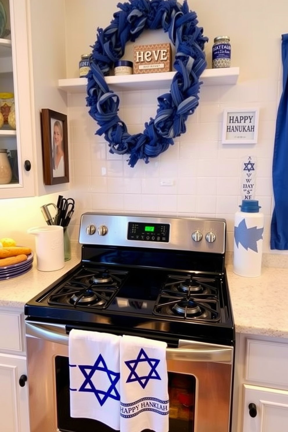 A festive kitchen setting adorned for Hanukkah. The countertops are decorated with dreidel-shaped cookie cutters in various colors, adding a playful touch to the space. Above the kitchen island, string lights twinkle, creating a warm atmosphere. A large menorah sits prominently on the dining table, surrounded by blue and silver accents.