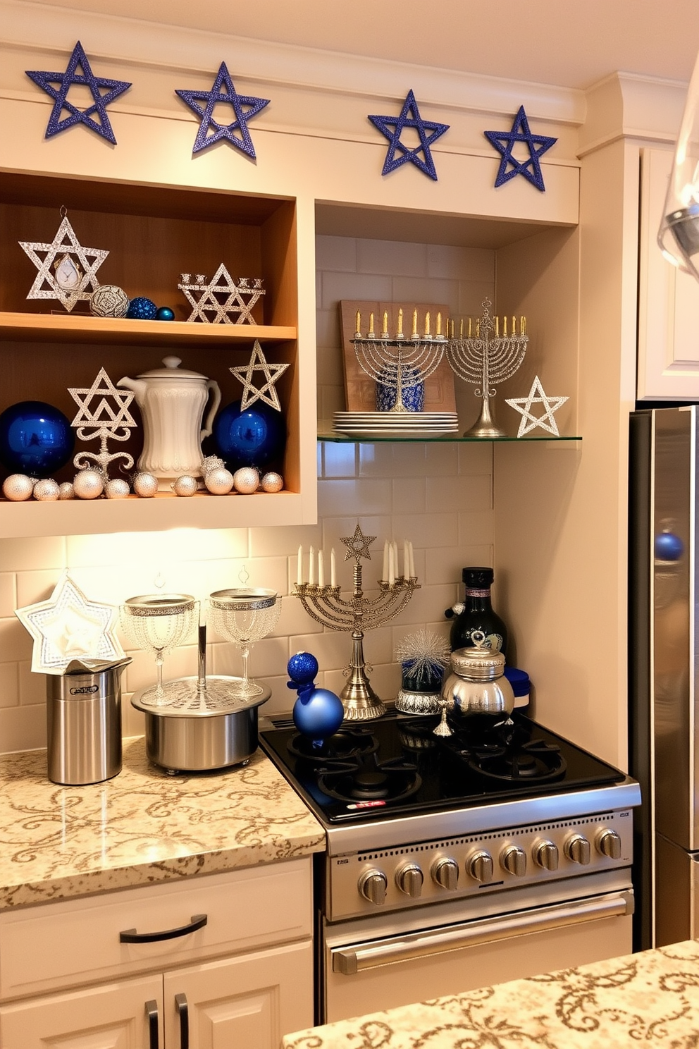 A festive kitchen setting adorned for Hanukkah. The countertops are decorated with blue and silver dish towels featuring traditional menorah designs, while elegant linens drape over the dining table, showcasing Star of David patterns.