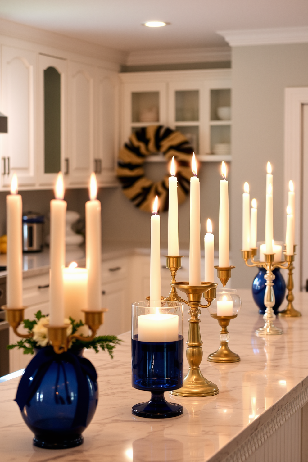 Create a festive centerpiece with an array of elegant candles in varying heights. Surround the candles with fresh greenery and vibrant blue and silver ornaments to enhance the Hanukkah theme.