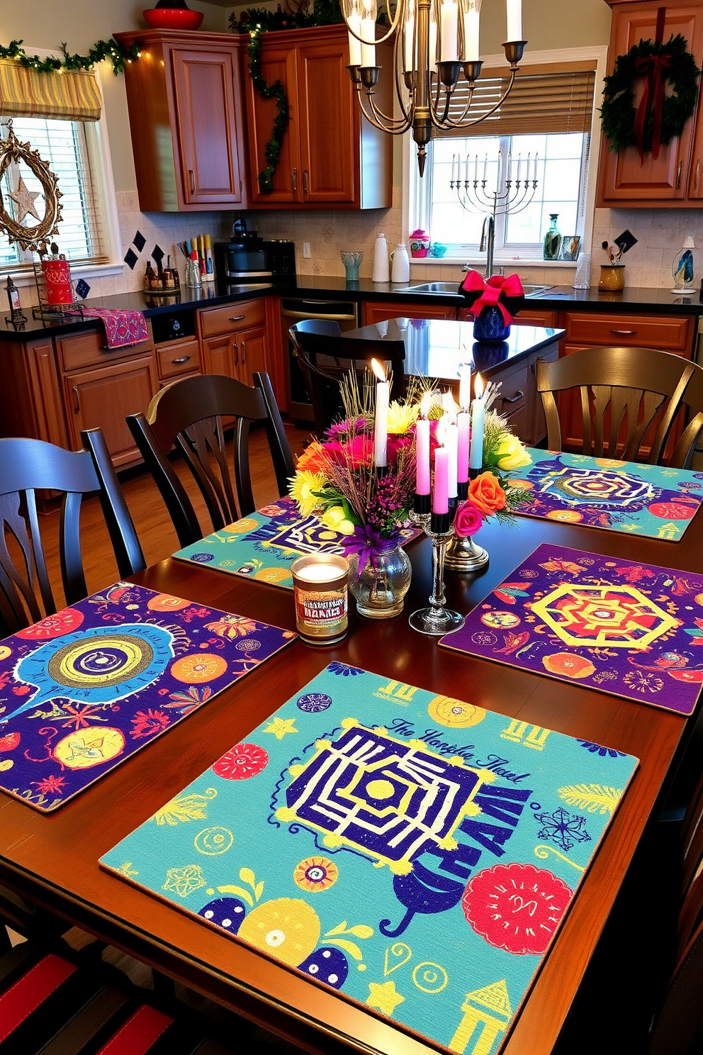 A contemporary kitchen adorned for Hanukkah features sleek cabinetry with a glossy finish and metallic accents throughout. The countertops are topped with a festive arrangement of blue and silver decorations, including menorahs and decorative plates. The backsplash is a shimmering mosaic of glass tiles that reflect the ambient light, enhancing the modern aesthetic. A stylish dining table is set with elegant dinnerware, candles, and seasonal greenery to create a warm and inviting atmosphere.