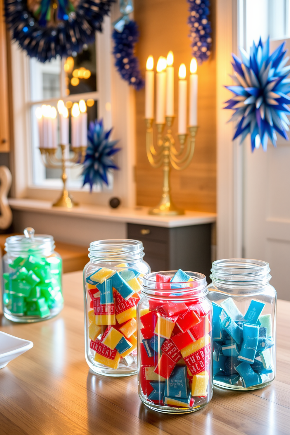 Create a festive kitchen setting for Hanukkah. The scene features decorative glass jars filled with colorful gelt, arranged on a wooden countertop. In the background, a menorah is elegantly placed on a windowsill, casting a warm glow. Festive blue and silver decorations adorn the walls, enhancing the holiday spirit.