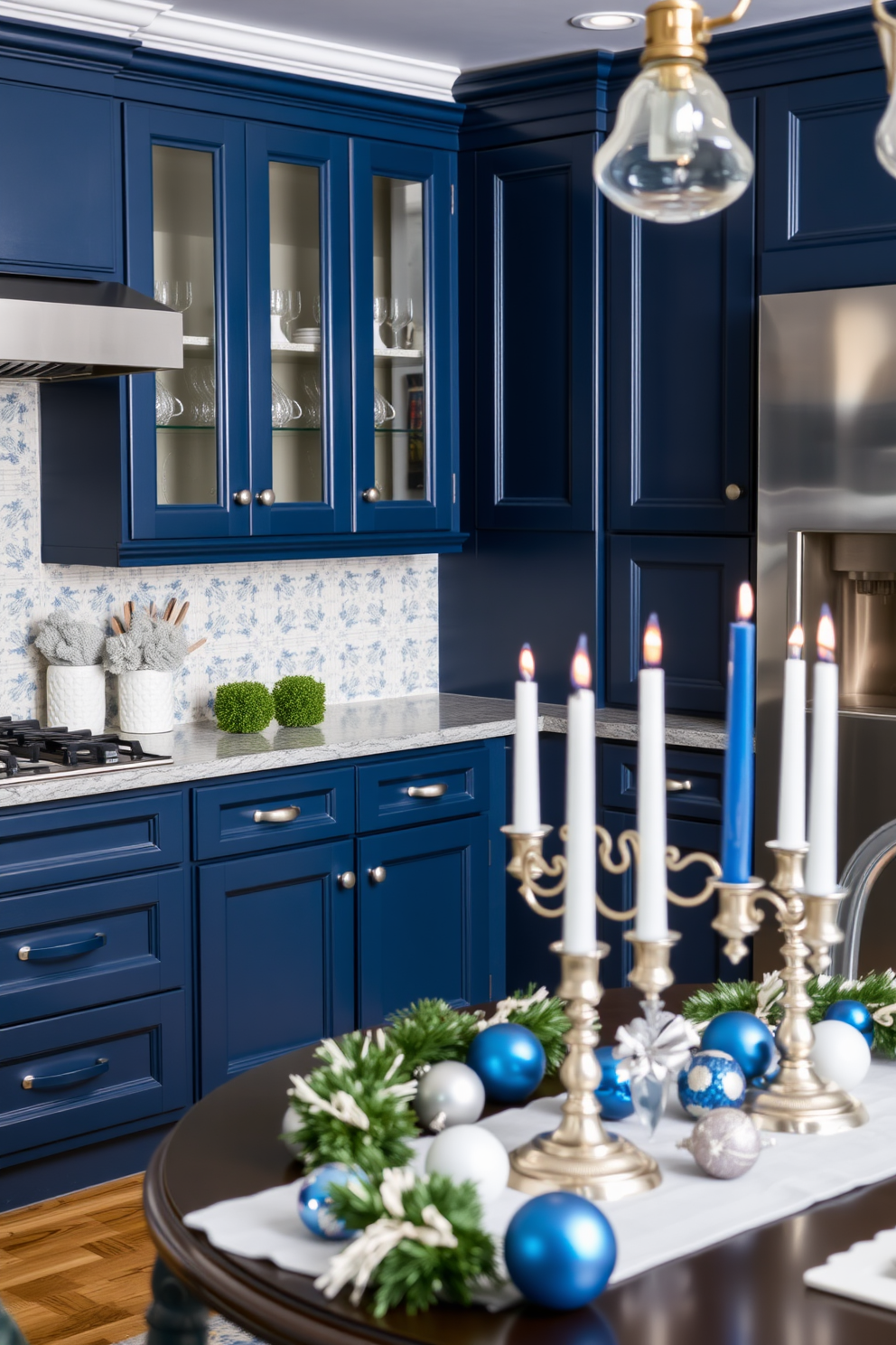 A traditional kitchen adorned in a blue and silver color scheme. The cabinetry is painted a deep navy blue, complemented by silver hardware and fixtures that add a touch of elegance. Festive decorations for Hanukkah are tastefully displayed throughout the space. A beautifully arranged table features a silver menorah at the center, surrounded by blue and white candles and seasonal ornaments.