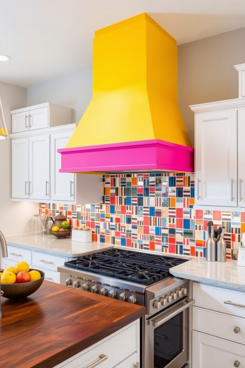 A vibrant kitchen featuring a bold color pop range hood that serves as the focal point of the space. The cabinetry is a sleek white, while the countertops are a rich dark wood, creating a striking contrast with the hood's bright hue. The backsplash is adorned with colorful tiles that complement the range hood, adding a playful touch to the kitchen. Stainless steel appliances and modern fixtures enhance the contemporary feel of this inviting culinary space.