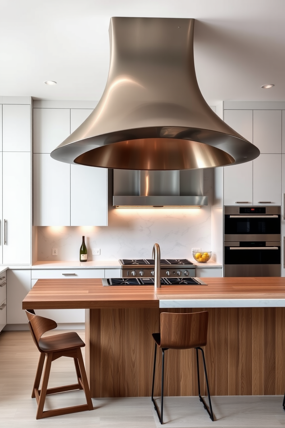 Artistic sculptural hood as a focal point in a modern kitchen. The hood features a unique organic shape crafted from brushed stainless steel, complementing the sleek cabinetry and marble backsplash. Beneath the hood, a spacious island is adorned with a rich wooden countertop and stylish bar stools. Ambient lighting highlights the hood's contours, creating a warm and inviting atmosphere for culinary creativity.