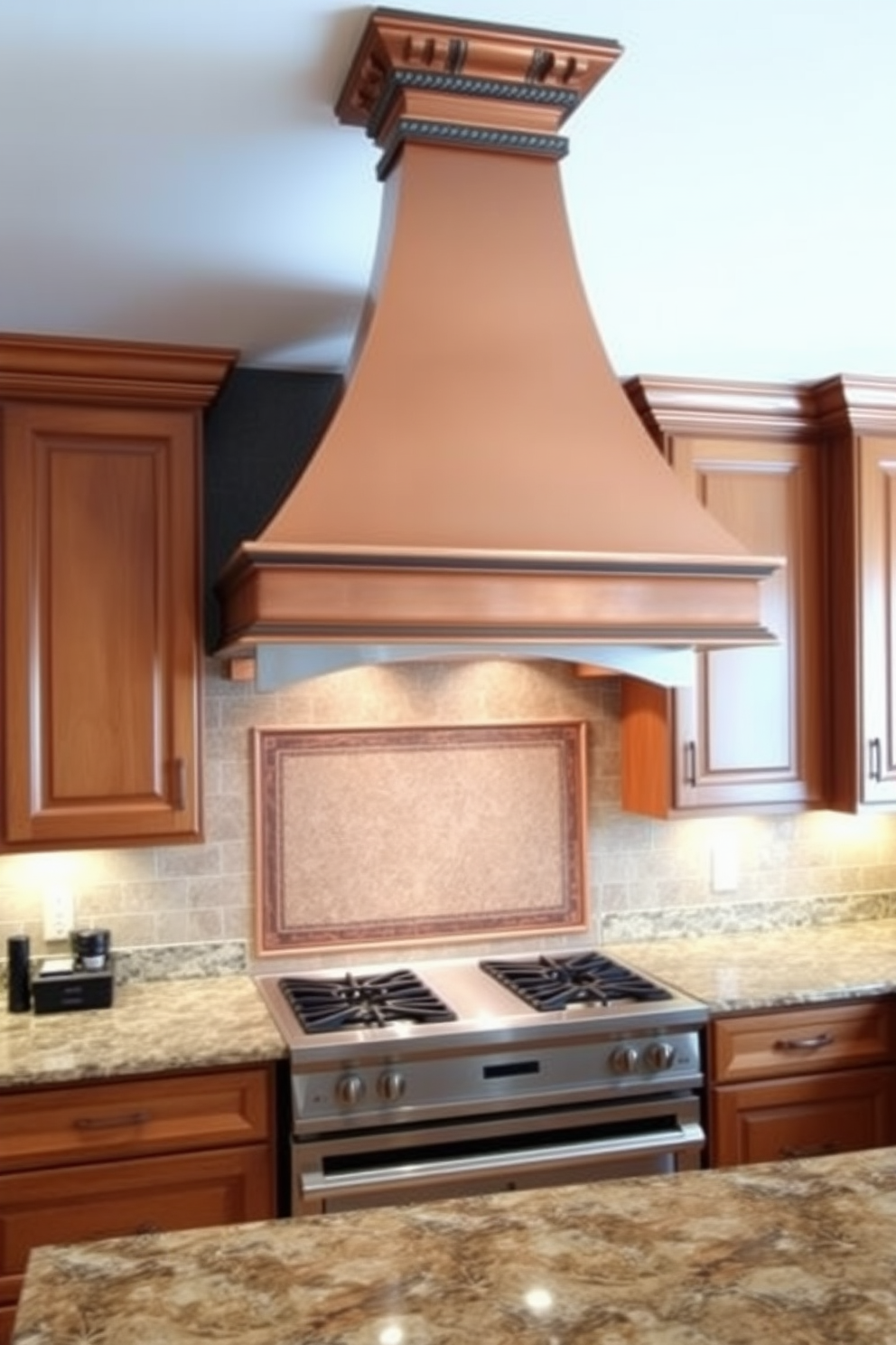 A luxury copper range hood hangs gracefully above a spacious kitchen island, complementing the warm wooden cabinetry. The hood features intricate detailing and a polished finish, enhancing the overall elegance of the kitchen space. Below the hood, a professional-grade gas range is flanked by stylish granite countertops, providing both functionality and beauty. Soft under-cabinet lighting illuminates the workspace, creating an inviting atmosphere for culinary creativity.